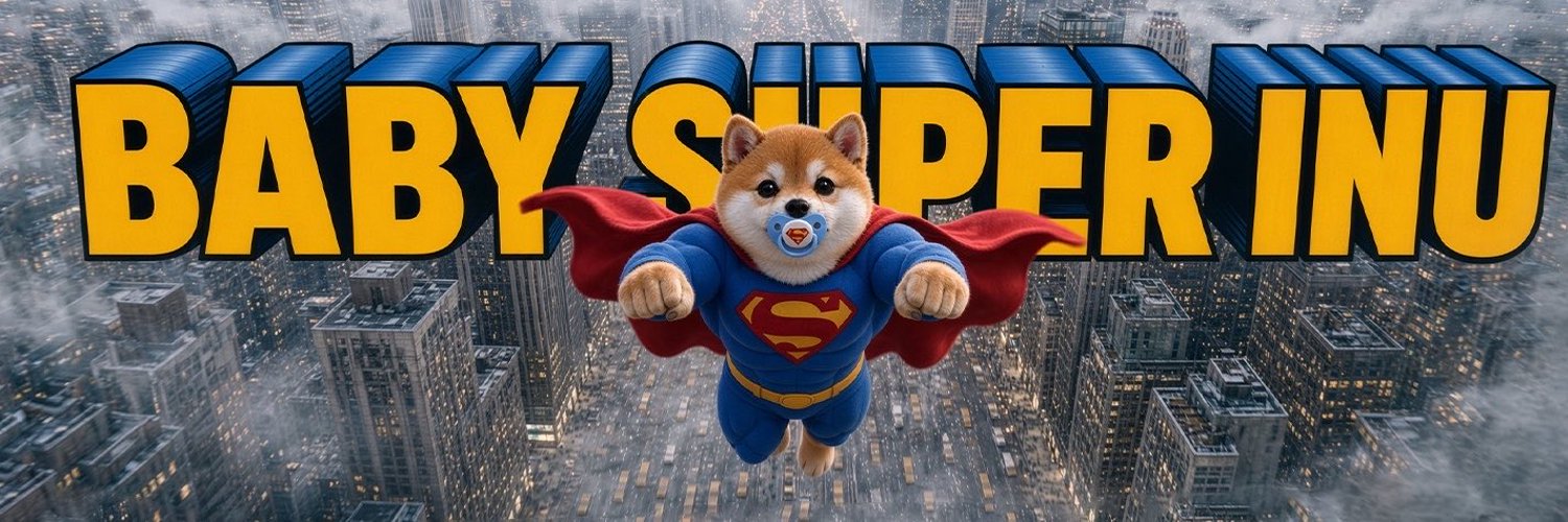 Baby Super Inu flying over the city in a red cape, under giant yellow 'BABY SUPER INU' letters